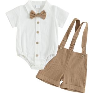 Honganda Baby Boys Gentleman Outfits Bow Tie Short Sleeve Button Up Romper + Overall Shorts Infant Wedding Cake Smash Clothes (12-18 Months, Khaki)