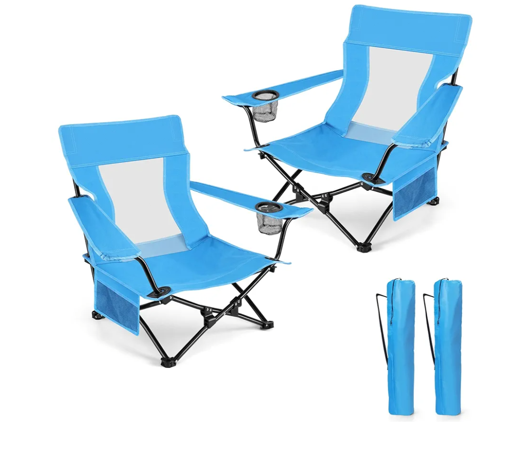 HaSteeL Folding Beach Chair Set of 2, Foldable Blue Camping Chairs for Outside, Low Beach Chair Portable for Adults Fishing, Picnic, Outdoor BBQ, Travel, Sports, Cup Holder & Storage Bag