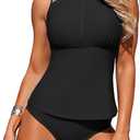 ZAFUL Tankini Swimsuits for Women, Two Piece Athletic Womens Bathing Suits Modest Swimwear Tank Tops with High Waisted Bottom (Black,XL)