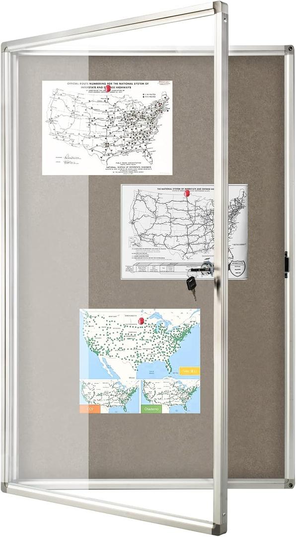 Enclosed Bulletin Board Lockable Display Case Message Board with Locking Door for Indoor, Grey Felt, Aluminum Frame, 36 × 24 Inches
