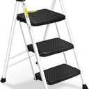 HBTower Step Ladder, Folding Step Stool with Wide Anti-Slip Pedal, Sturdy Steel Ladder, Convenient Handrail, Lightweight, Portable Steel Step Stool (White)