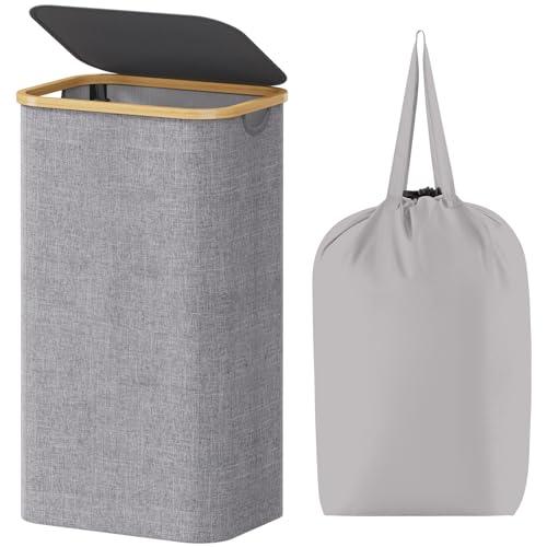 Lifewit 100L Laundry Basket with Lid, Clothes Hampers for Laundry with Bamboo Handles and A Removable Laundry Bag, Large Foldable Laundry Hamper for Bedroom, Bathroom, Dorm, Laundry Room, Light Gray