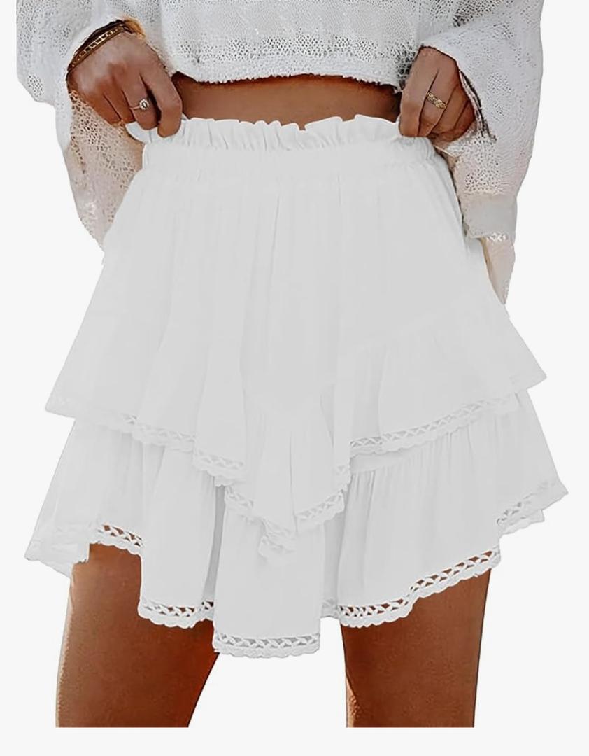 Lepunuo Boho Shorts for Women High Waisted Ruffle Tiered Flowy Skirts with Shorts Underneath Western Skorts M