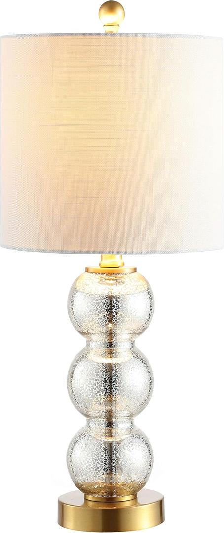 JONATHAN Y 21" Mercury Glass/Brass Gold Glass Table Lamp for Bedroom and Living Room, White Linen Shade, Modern Stacked Sphere Bedside Lamp, LED Bulb Included (JYL1021C)