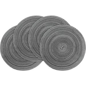 Floroom 15 Inch Round Braided Placemats Set of 4, Washable Heat Resistant Cotton Polyester Circle Place Mats for Kitchen Dining Table - Mist Grey