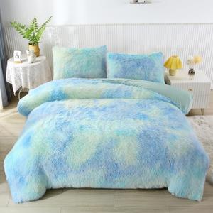 WINLIFE Shaggy Bedding Comforter Set Faux Fur Flannel Furry Comforter Microfiber Long Hair Fluffy Plush Comforter Sets Ombre Blue Aqua Green Bedding for Girls Adults (3Pcs, Queen, Blue Green)