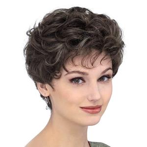 Short Curly Brown Pixie Wig Synthetic Layered Cosplay Hair Full Wigs for White Women, Dark Brown