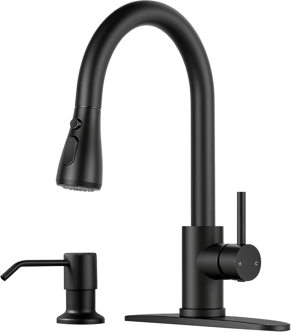 Pull Down Kitchen Faucet with Soap Dispenser - Matte Black Single Handle Kitchen Faucets, High Arc Stainless Steel Pull Out Kitchen Sink Faucet with Deck for RV Laundry Farmhouse Bar
 - B0003 Black