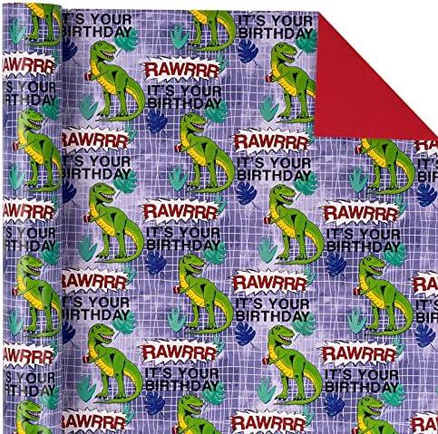 WRAPAHOLIC Reversible Wrapping Paper - Mini Roll - 17 Inch x 33 Feet - Unique Dinosaur and Solid Red Design for Kid's Birthday, Party, Baby Shower, Set of 2