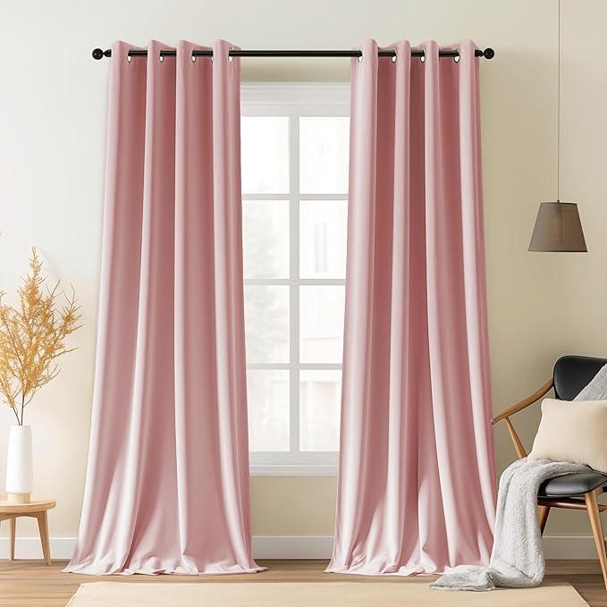 SNITIE Pink 96in Long Velvet Curtains with Grommet, Super Soft Thermal Insulated Noise Reducing Thick Light Filtering Velvet Drapes for Living Room and Bedroom, Set of 2 Panels, 52 x 96 Inch Long