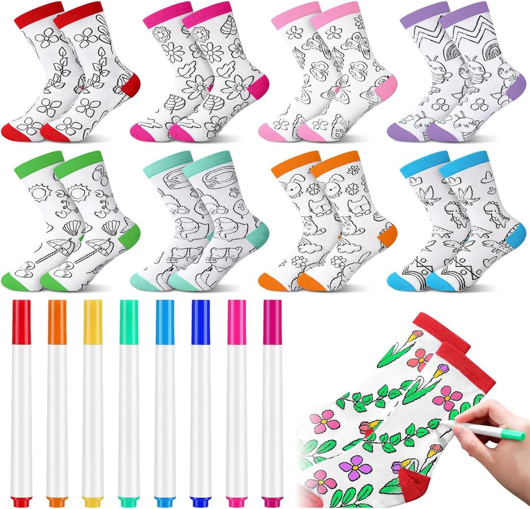 Glitopper Kids Doodle Socks, Color Your Own Socks 8 Pairs and 8 Fabric Pen for Coloring, Kid Drawing DIY Crafts Art Gifts (M)