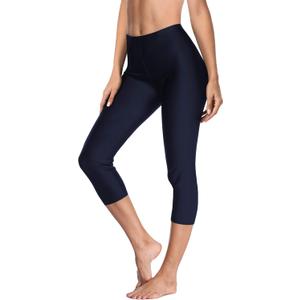 ALove Swim Pants for Women High Waisted Swimming Leggings Stretch Swim Capris Sporty Long Swim Board Shorts (Large, Navy)