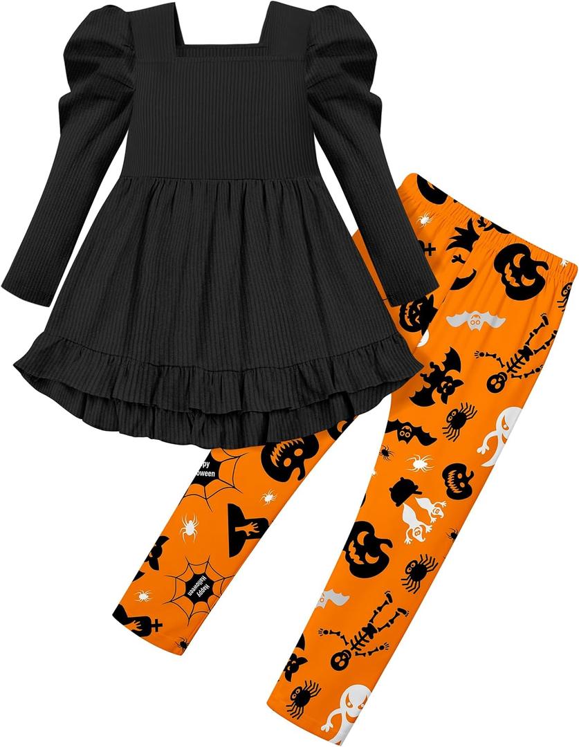 Qaoerde Toddler Girl Clothes Square Neck Ruffle Hem Long Sleeve Top Floral Print Leggings Fall Outfits Kids Clothing Sets (Black)