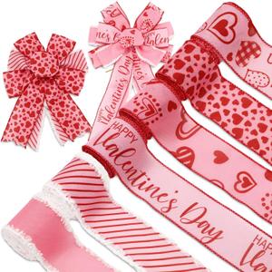Whaline 6 Roll Valentine's Day Wired Edge Ribbon 2.5 Inch 36 Yards Red Pink Heart Stripe Fabric Craft Ribbon for Bow Wreath Gift Wrap Home Decor