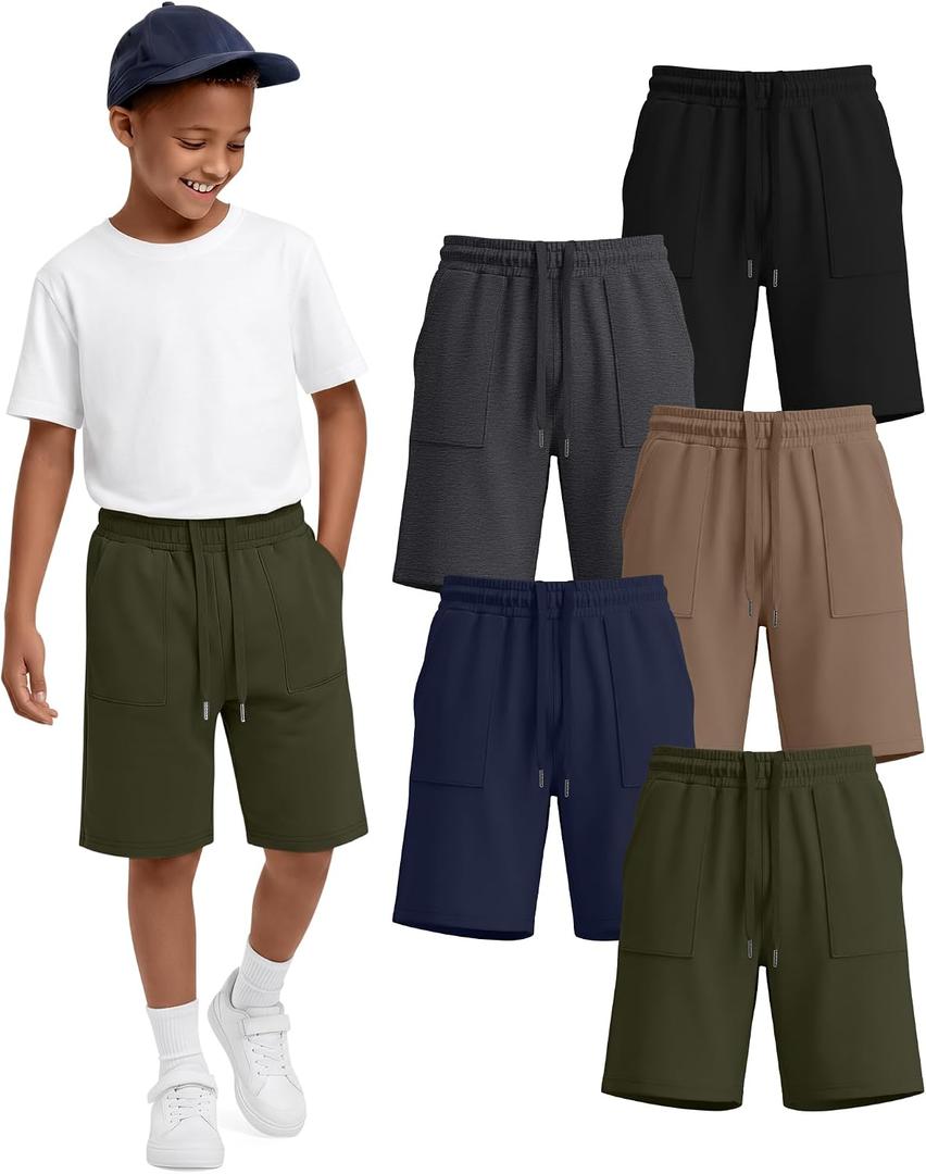 5 Pack Boys Shorts Kids Athletic Summer Knee Length Sweatshort Teen Drawstring for School Short Pocket 6-16Y (Gray)