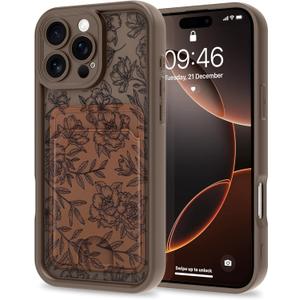 MZELQ Compatible with iPhone 16 Pro Case Silicone Card Holder, Cute Pattern Rose Flower Floral Cover for Girls Women -Brown