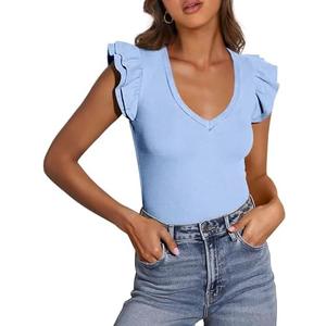 PRETTYGARDEN Womens V Neck Summer Tops Ruffle Sleeveless Slim Fit T Shirts Going Out Casual Blouses 2025, Army Green, Small