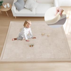 ACOMOPACK Baby Play Mat for Floor 1.3" Thick Memory Foam 50x50 Soft Velvet Playpen Mat for Kids,Infants,Toddlers,Tummy Time Crawling Mats with Non-Slip Bottom,Yoga,Tatami,Nursery RugBeige