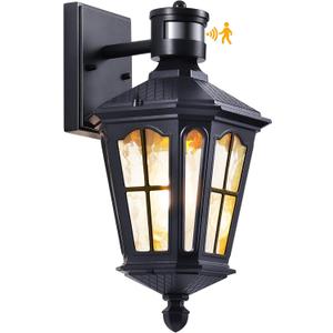 Outdoor Wall Light Fixture Porch Light with Motion and Dusk-to-Dawn Sensors, Waterproof Anti-Rust Aluminum Sconce with Tempered Water Ripple Glass, for House Garage Porch (Black)