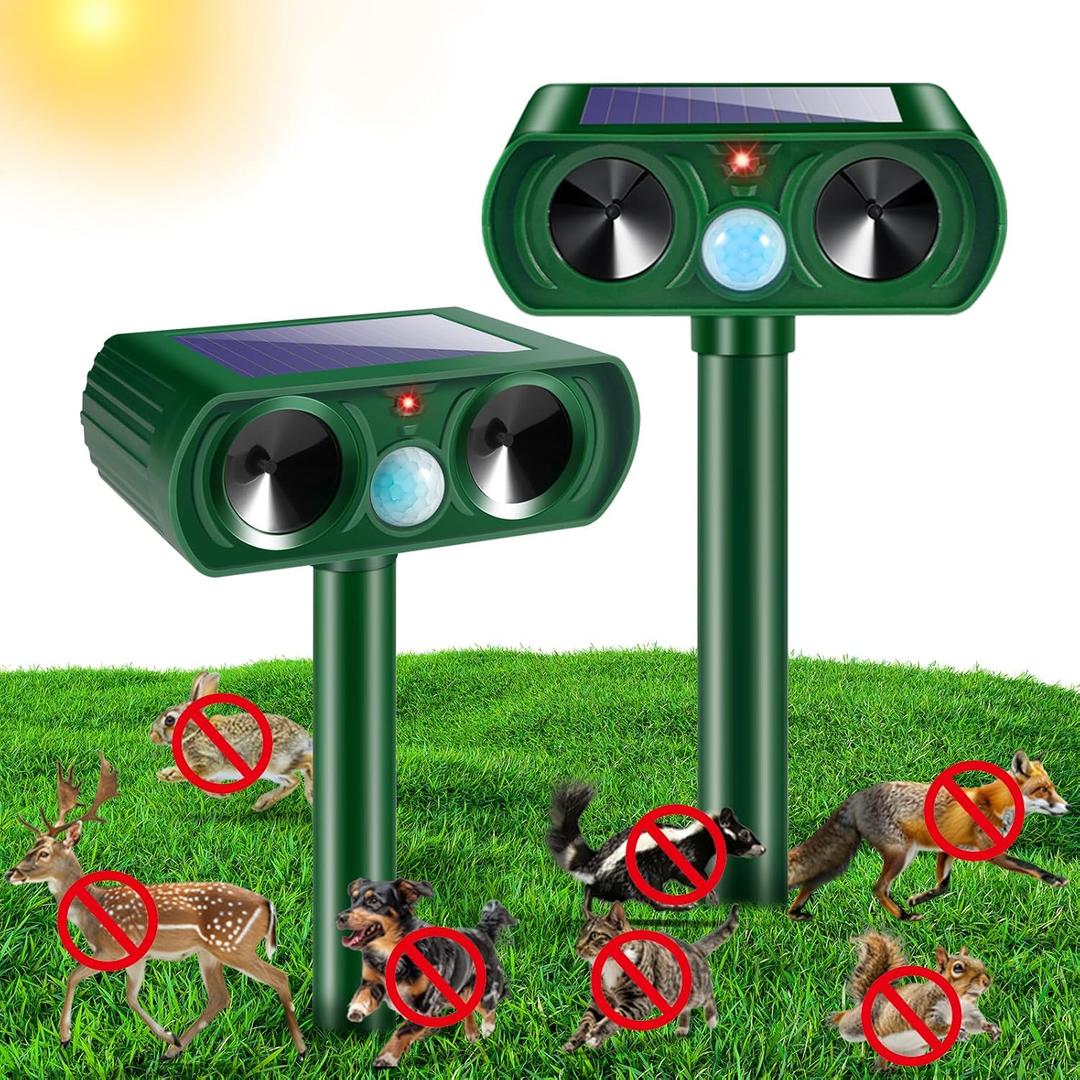 2 Pack Solar Ultrasonic Animal Repeller Outdoor, Cat Deer Repellent Devices with Motion Sensor, IP65 Waterproof Animal Deterrent Devices for Squirrels,Rabbits,Dogs,Raccoons,Skunks for Garden Yard Farm