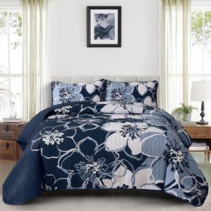 Luxudecor Floral Quilt Set Queen Size 3 Pieces Navy Blue Flower Bedspread with Pillow Shams Lightweight Soft Microfiber Bed Cover for All Seasons 96"x90"