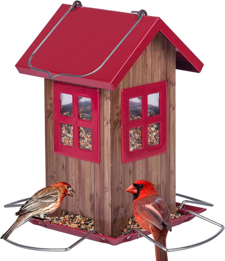Kingsyard Cute Bird House Feeders for Outside, Hanging Metal Bird Feeder with 4 Ports, Outdoor Garden Yard Decorations for Cardinals Finches Chickadees Goldfinches & Sparrows Birds Watching 4.7*4.7*7.6 in