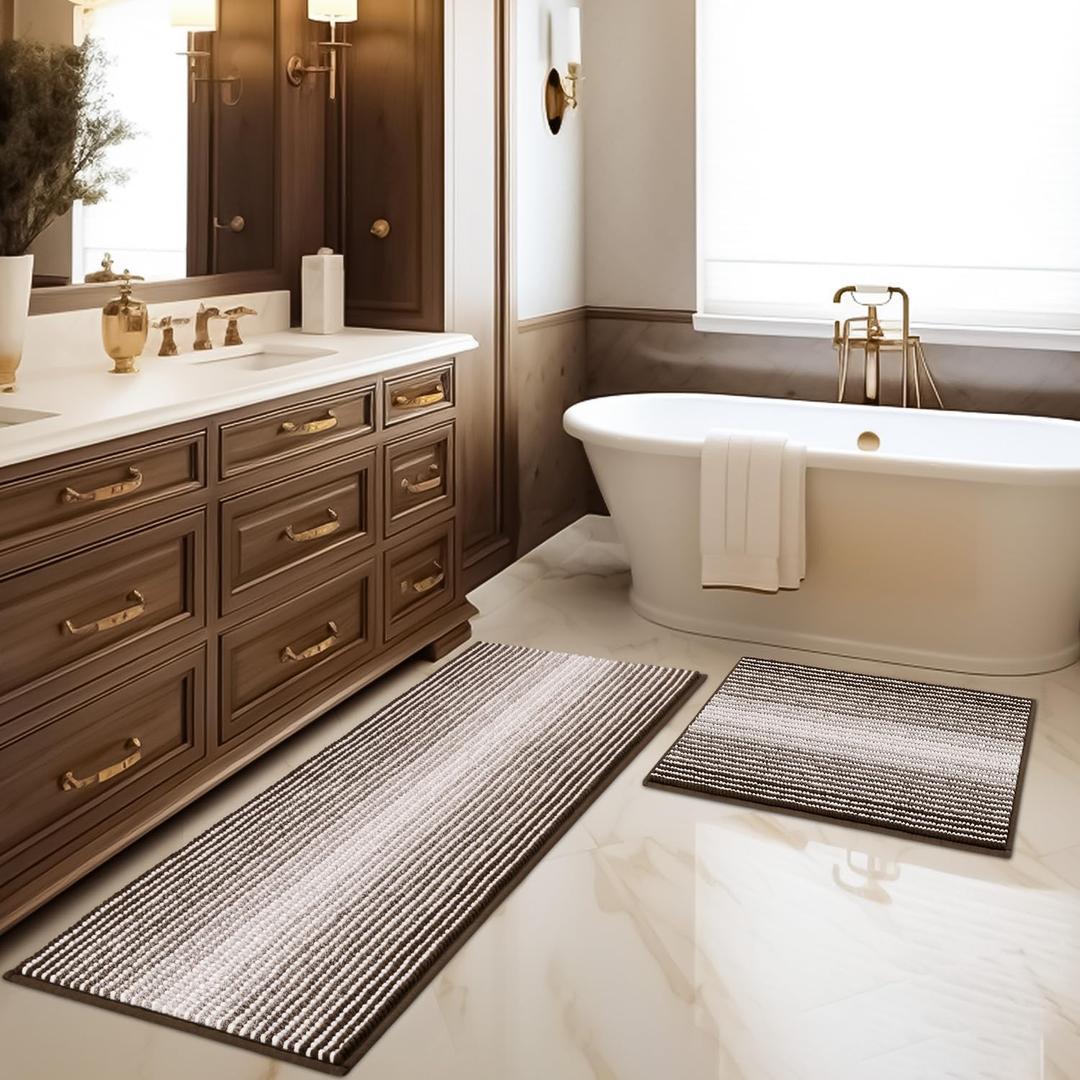 BSICPRO Bathroom Rugs and Mats Sets, 2 Piece Thick Absorbent Chenille Bath Mat Rug Set Non Slip, Soft Shaggy Bath Room Floor Mats for Bathroom, Machine Washable (Brown, 20" x 47" Plus 16" x 24")