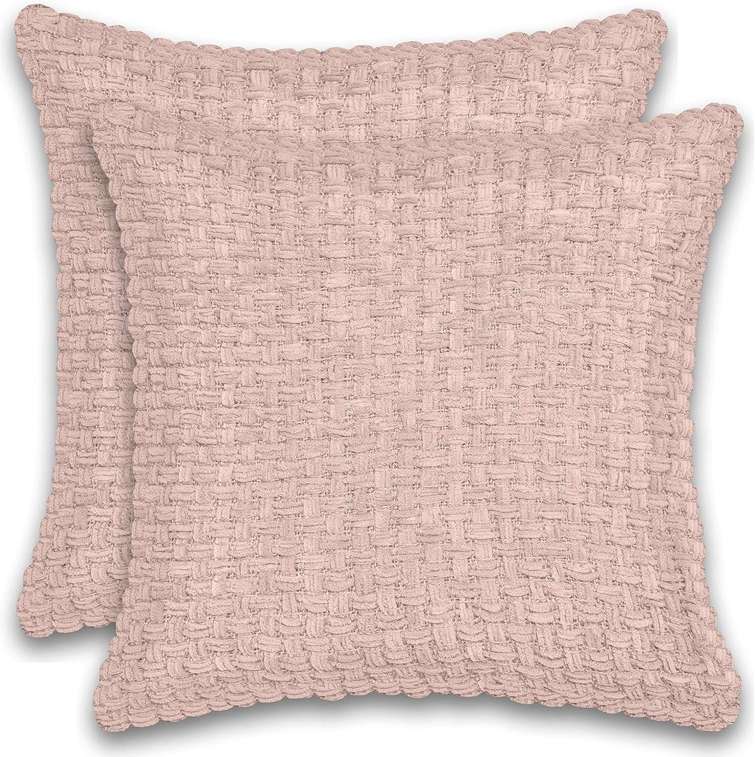 Set of 2 Soft Chenille Basket Weave Pillow Covers Luxury Style Cushion Case Pillow Shell for Sofa Bedroom Square 18x18 (Blush Pink)