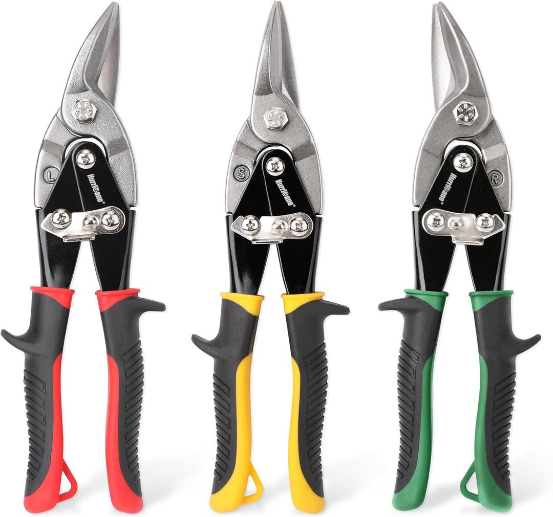 HURRICANE 3 pc Aviation Tin Snips Set, 10 inch Metal Cutter Shears for Cutting Sheet Metal, Cr-V Blades, Straight Left and Right Aviation Snips, with Ergonomical TyreGrip Handle and Safety Latch