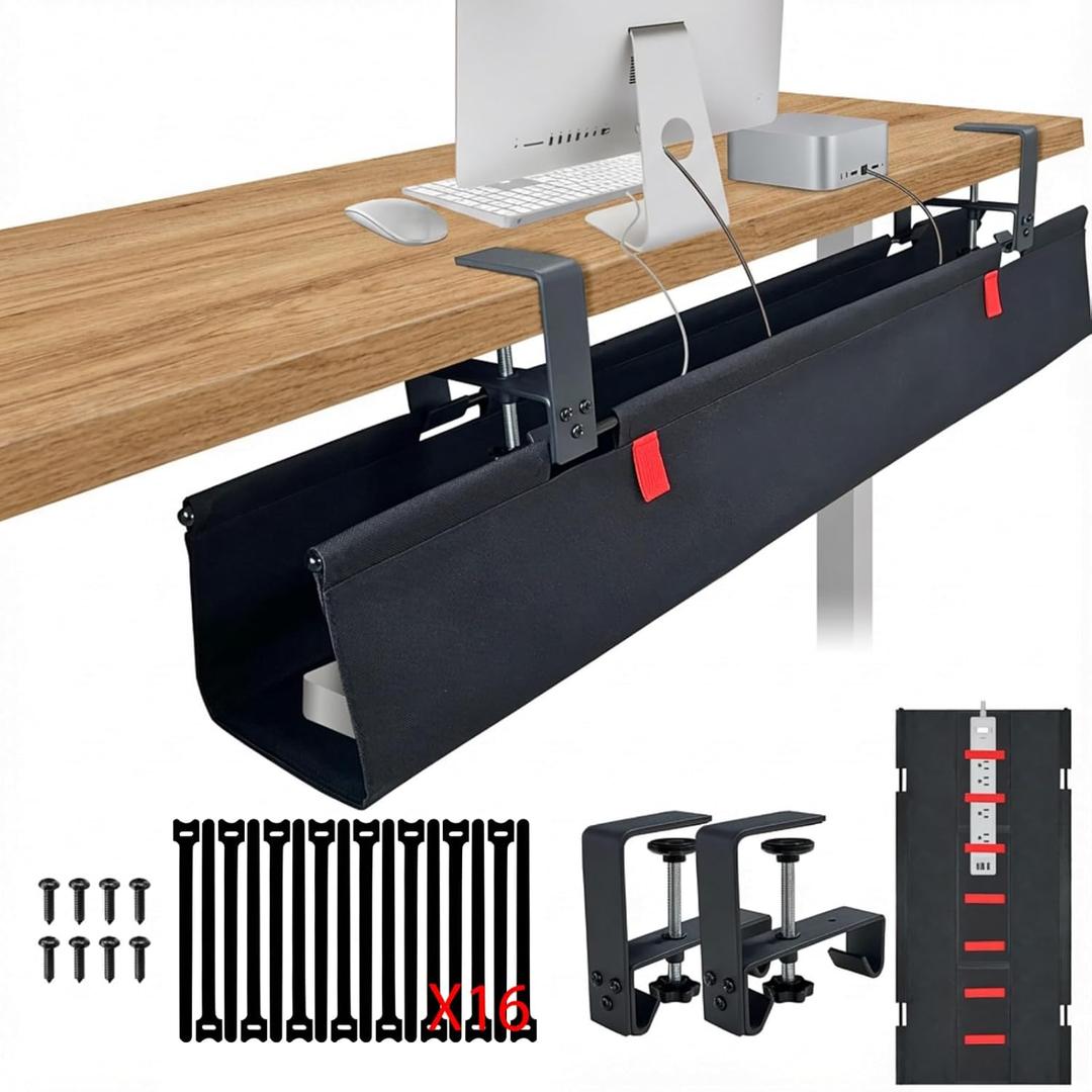 Under Desk Cable Management, No Drill 36", Cord Organizer, With Silicone Pads (No Scratch!) 16 Cable Ties, Washable PE Honeycomb Base, Clamp/Screw Mount-Fits Any Desk 0-2.1", No Stinky Cardboard! Black