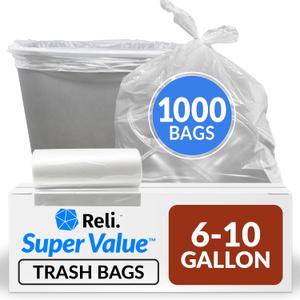 Reli. 6-10 Gallon Trash Bags | 1000 Bags | Clear | Bathroom | Strong | Garbage