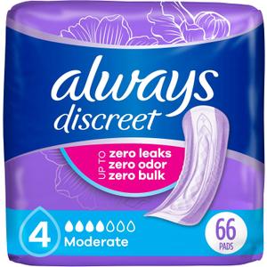 Always Discreet Adult Incontinence Pads for Women, Drier vs Poise, 4 Drop Regular Length, Moderate Absorbency, Pads for Bladder Control Management, Bladder Leaks, & Postpartum Pads, 66ct