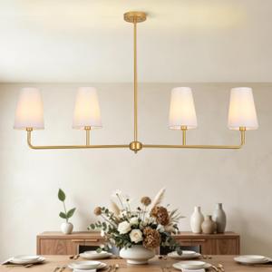 47.6" Large Linear Pendant Light, 4-Light Kitchen Island Lighting with White Linen Shades, Modern Matte Gold Farmhouse Chandelier for Dining Room Over Table, Sloped Ceiling Adaptable, 47.63" x 4.72"