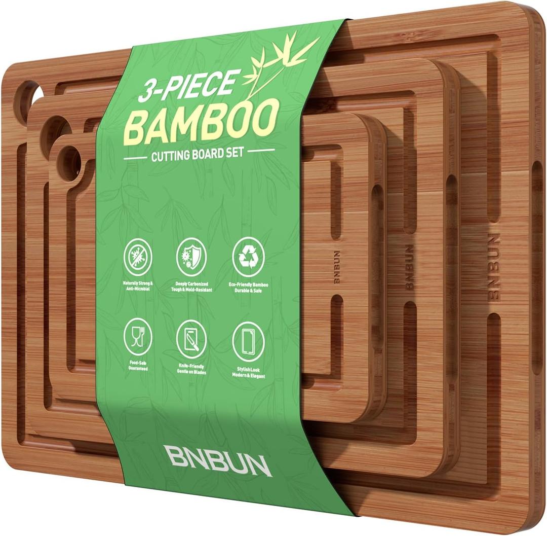 Bamboo Wood Cutting Board for Kitchen Bread Boards 3-Piece Wooden Boards with Juice Grooves, Side Handles