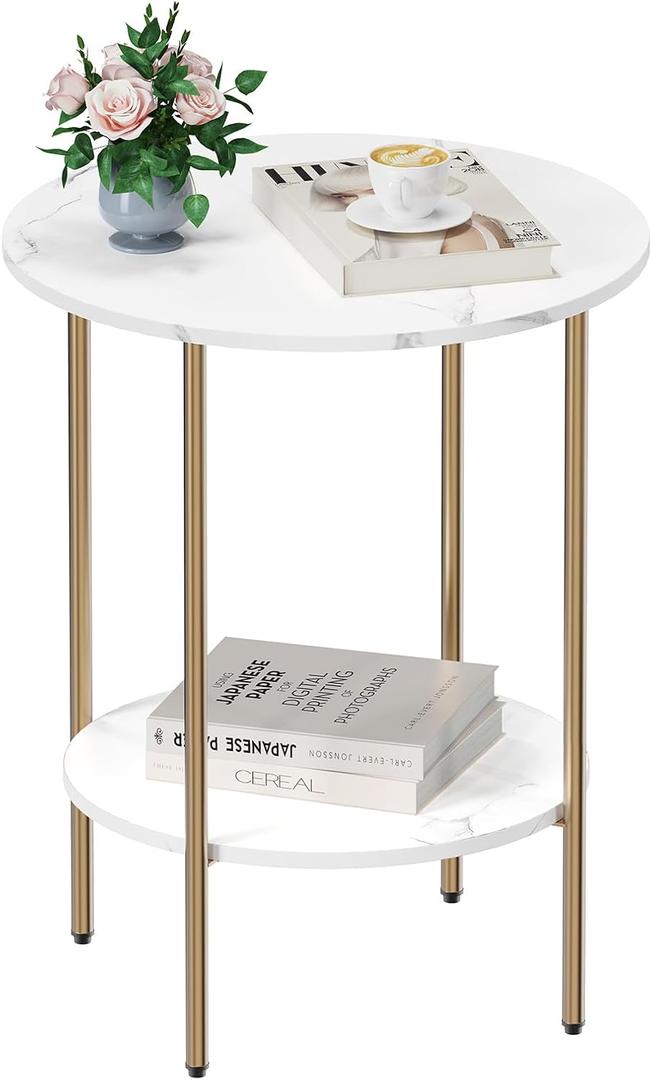 Side Table, Round End Table with 2 Storage Shelves, Compact Living Room Accent Table, Space-Saving Small Bedside Table, 18x18x22in, Marble White, Large
