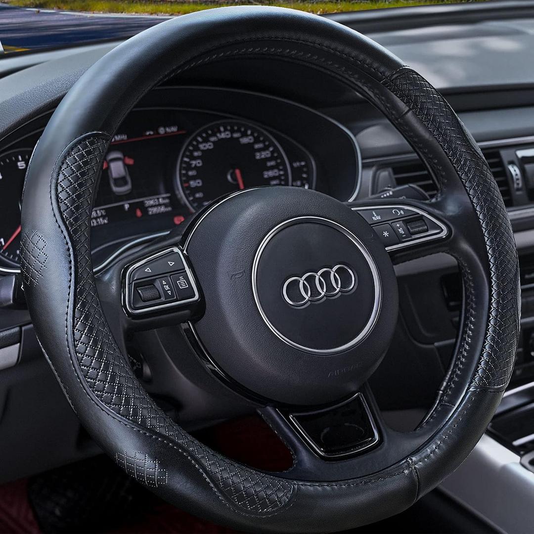Haokay Heavy Duty Pure Cowhide Steering Wheel Cover, Black Genuine Leather Steering Wheel Cover Men Women Universal 14.5 to 15 Inch