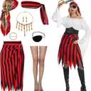 Women Pirate Costume Adult Pirate Skirt Set with Head Scarf Eye Patch Skeleton Necklace for Halloween Cosplay , 2XL