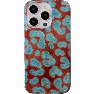 Reoomukk Blue Brown Cheetah Leopard Print Phone Case for iPhone 15 Pro Max 6.7in,Trendy Coquette Aesthetic Tortoise Shell Cool Girl Glitter Slim Protective Cover for iPhone 15promax 6.7"