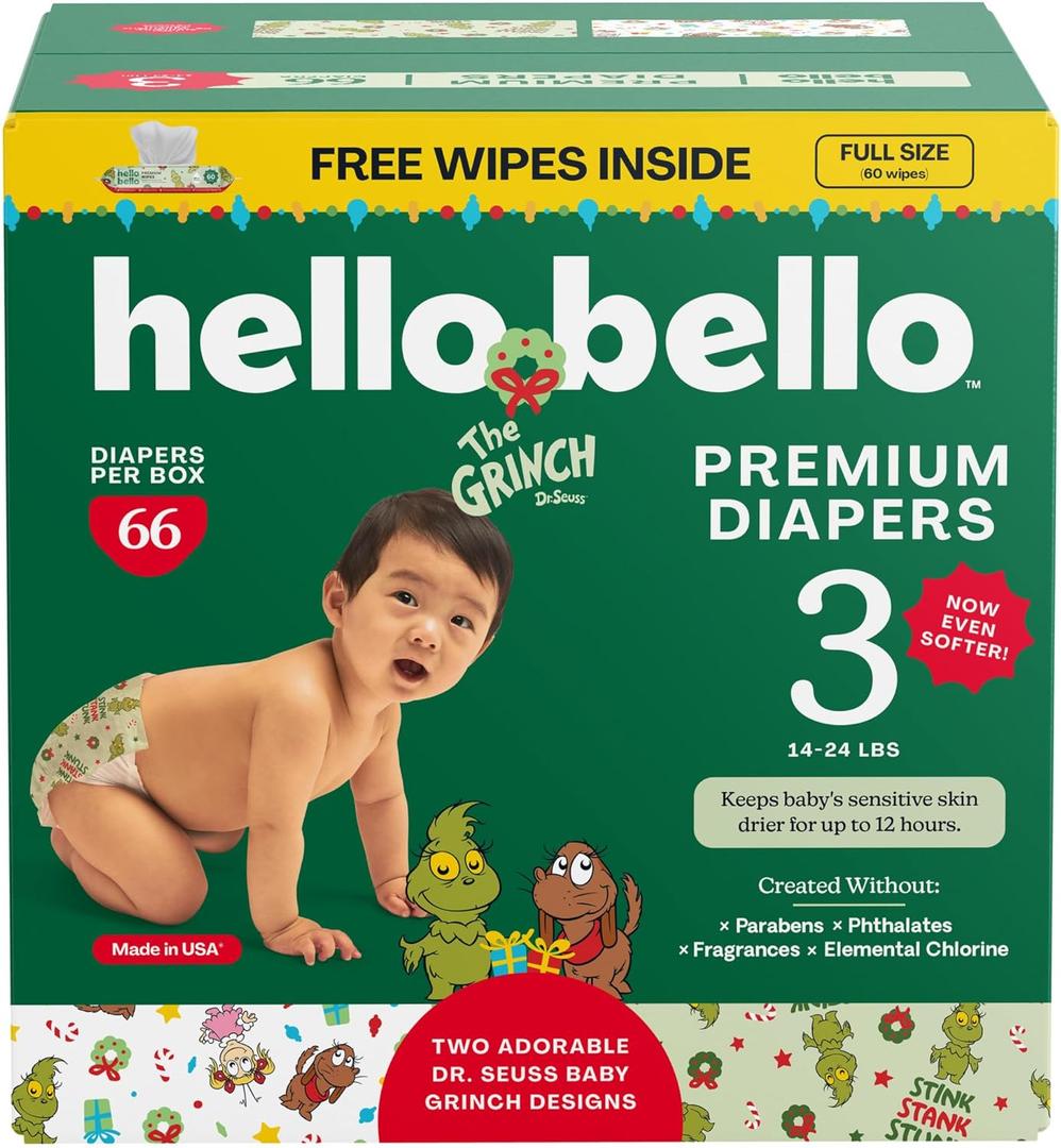 Hello Bello Dr. Seuss Baby Grinch Premium Diapers, Size 3 (14-24 lbs), 66ct Plus Bonus Wipes: Softness & Protection for Sensitive Skin 