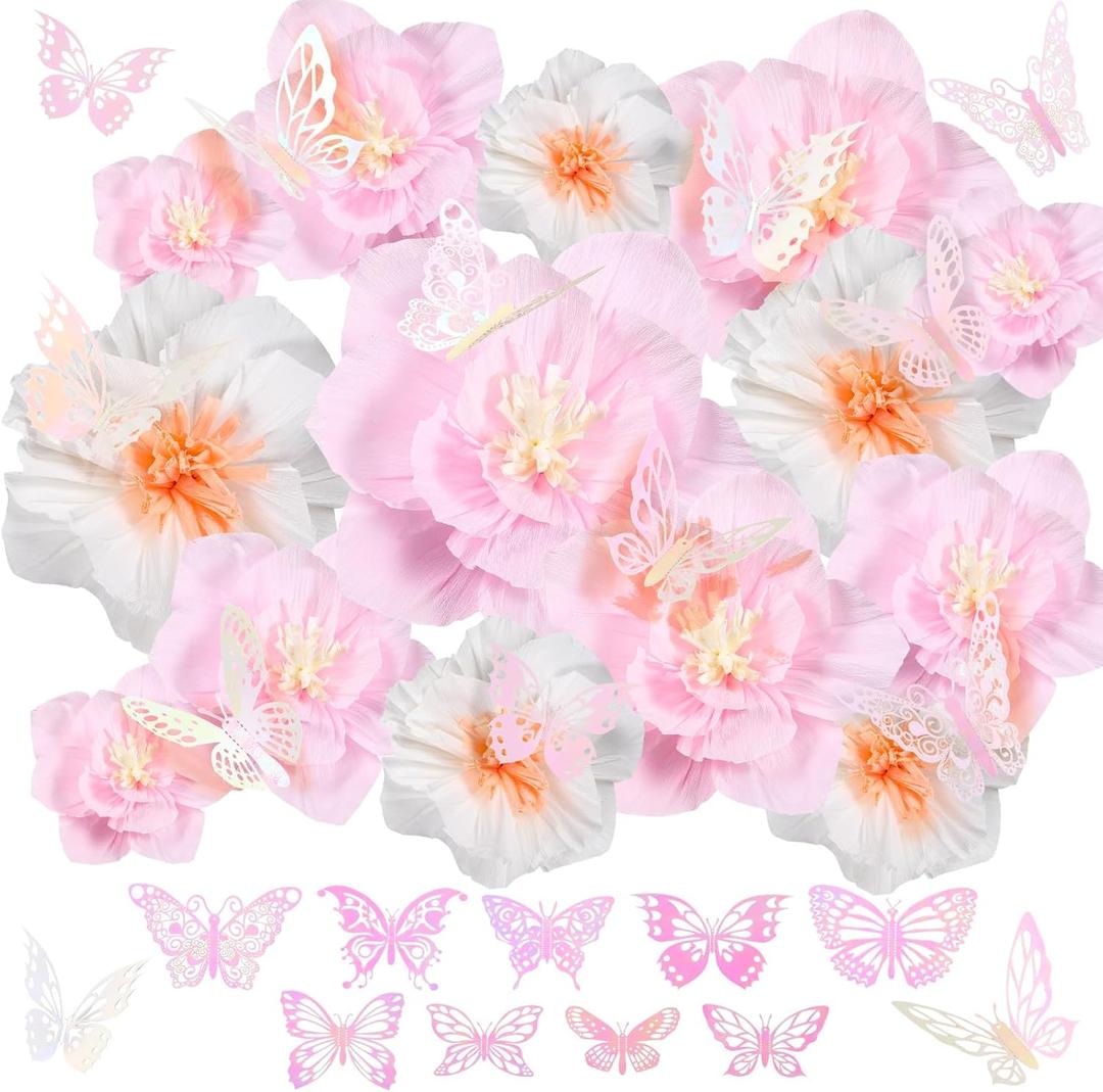 Cholemy 54 Pcs Tissue Paper Flowers with Butterflies Set 3 Sizes Flower Wall Decor Artificial 3D Crepe Paper Floral Decorations for Wedding Party Bridal Shower Birthday Nursery Backdrop, 2 Colors