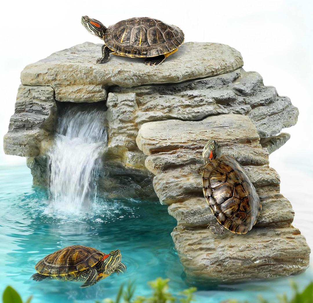 MIXJOY 130GPH Turtle Tank Filter, Ultra-Quiet Turtle Filter with Turtle Basking Platform, Detachable Bridge for Climbing&Diving, Adjustable Flow, Multi-Layer Filtration, Filter for Turtle Tank, Decor