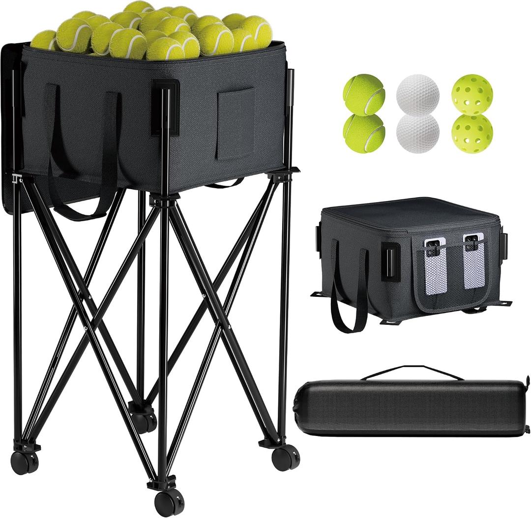 Tennis Ball Hopper for 120 BallsTennis Ball Basket with Removable Storage BagWheeled Tennis Ball Cart for Serve Training Portable Pickleball Baseball Hopper Basket, 13 x 13 x 10 inches