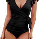 Blooming Jelly Women's Tummy Control Swimsuits Slimming One Piece Bathing Suit Ruffle Wrap V Neck Swimwear, L