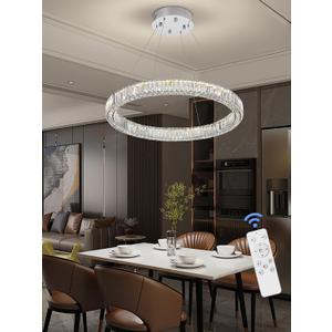 Flashing God W24 Crystal Chandelier LED Round Flush Mount Ceiling Light Fixture Modern Hanging Pendant Lighting Ring Chandeliers for Dining Room Kitchen Island Hallway