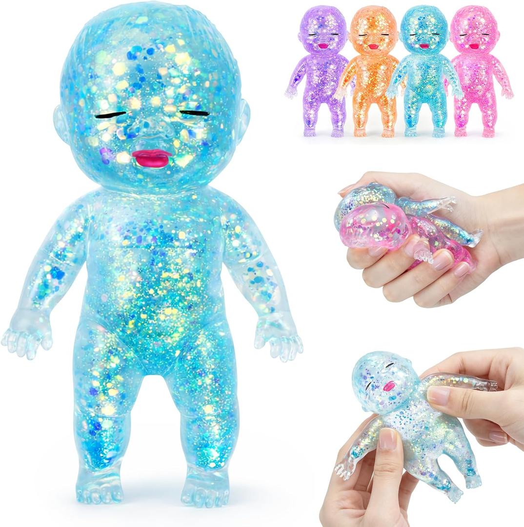 Baby Squishy Glittery- 4" Soft Squeezable Fidget Toy,Cute Sparkly Sensory Decompression Doll for Adults,Desk Decor & Anxiety Relief, Ideal for Birthday Gifts, Party Favors, Classroom Prizes (Blue)