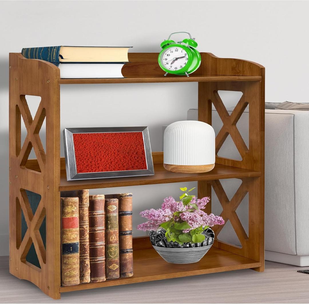 Wooden 3 Tier Bookshelf, Small Wood Bookcase Storage Shelf, Open Shelf Organizer for Bedroom, Living Room and Office (Brown, 3 Tier)
