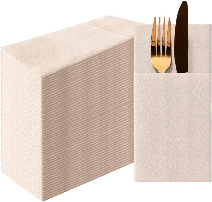 50 Pieces Pocket Linen Napkins, Disposable Airlaid Paper Prefolded Dinner Napkins with Built in Flatware Pocket for Silverware Wedding Party(Beige)