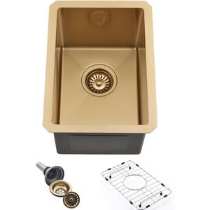 Gold Bar Sink Undermount-Hovheir 12x16 Small Kitchen Sink Undermount Wet Bar Sinks 16 Gauge Brushed Gold Stainless Steel Outdoor Rv Sinks Deep Single Bowl Camper Basin with Bottom Grid, 12"x16"x10"