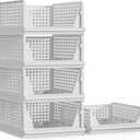 Proarea 5 Pack Stackable Plastic Storage Basket Closet Organizer Bin Foldable Clothes Organizer Storage Drawer Shelf Container for Living room Bathroom Kitchen Office (4L+1S) (White)