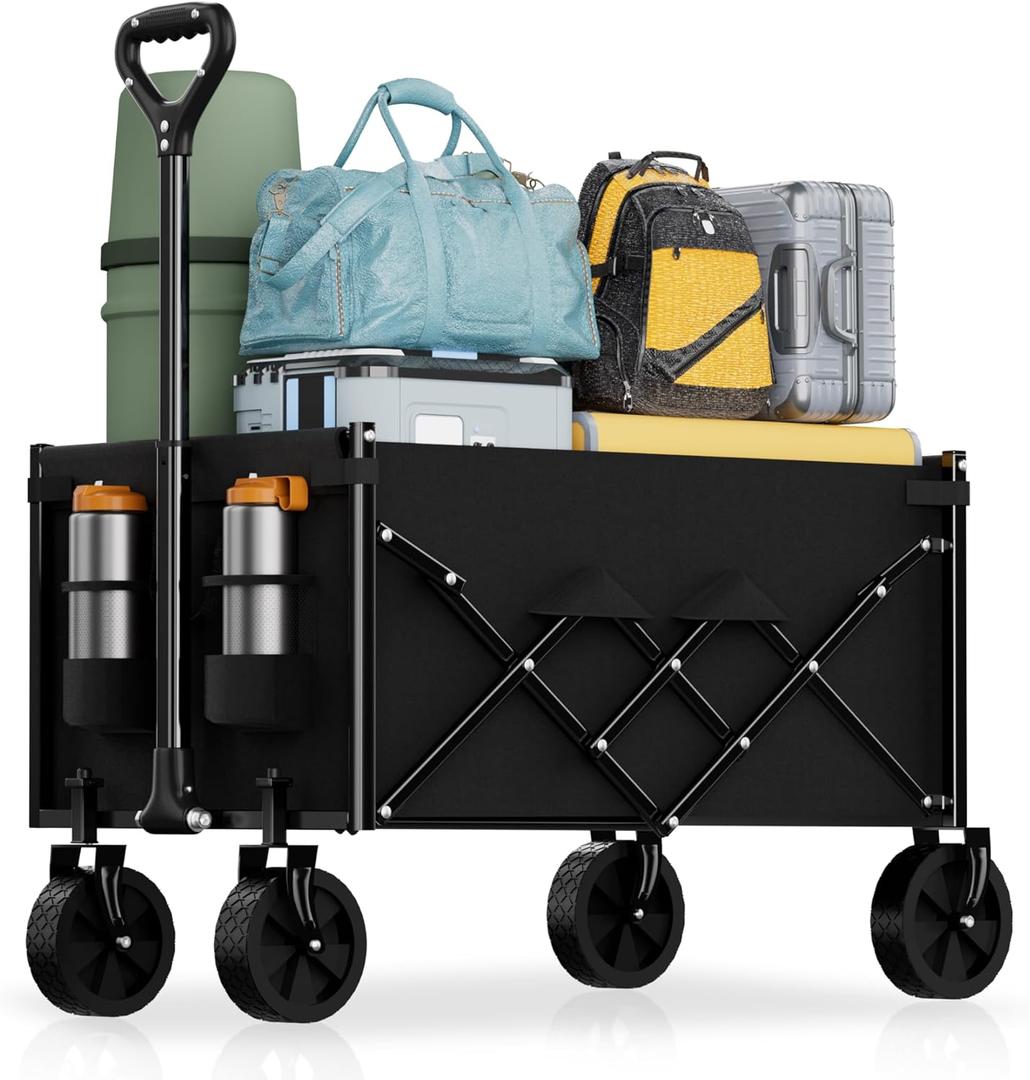 Lightweight Folding Wagon, Large Capacity Collapsible Grocery Cart on Big Wheels, Heavy Duty Foldable Shopping Carts, All-Terrain Outdoor Utility Carts for Camping, Sports, Garden, Beach, 3.5 Cu Ft (3-1/2 cubic feet, Black)